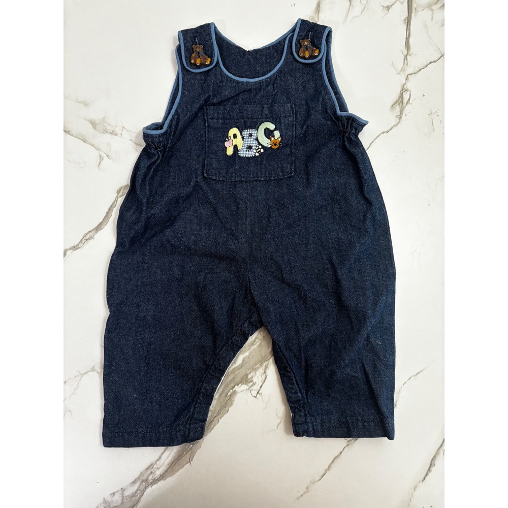 Vintage Baby Denim Overalls ABC Embroidery Teddy Bear Buttons Blue Romper